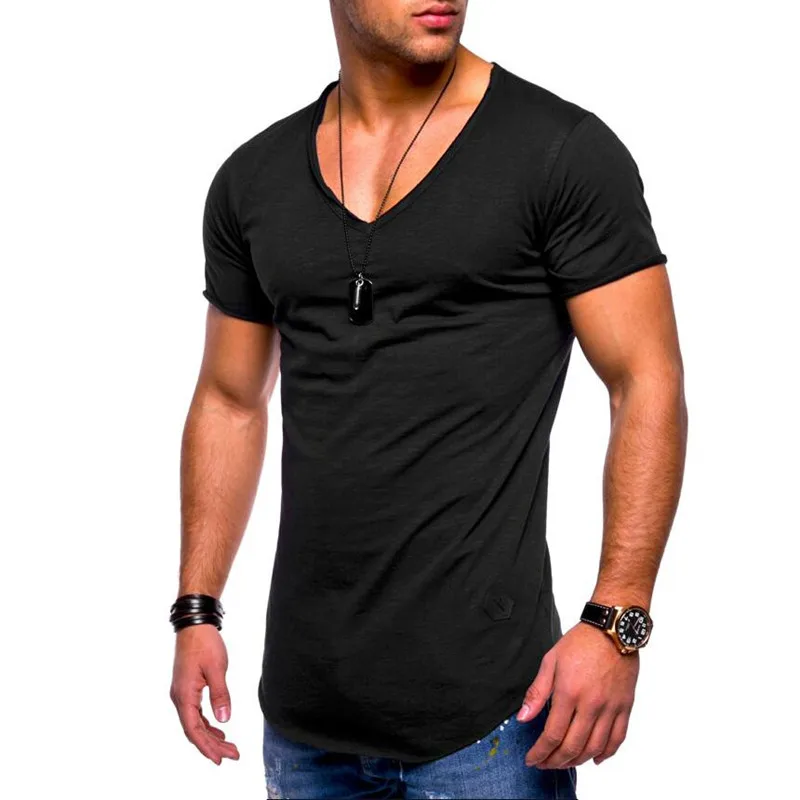 Мужские топы, футболки, поступление, глубокий v-образный вырез, короткий рукав, Мужская футболка, облегающая футболка, Мужская облегающая Повседневная летняя футболка, camisetas, Размер 3XL - Цвет: V1  black