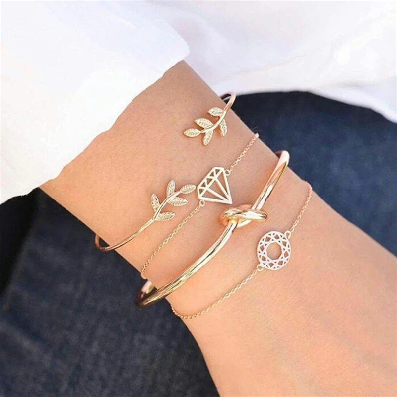 4 Pcs/ Set Bohemian Leaves Knot Round Chain Opening Gold Bracelet Women Fashion Apparel Jewelry Valentines Day Gift |