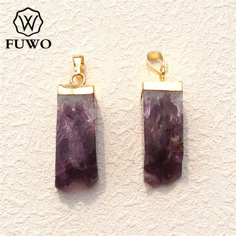

FUWO Natural Amethysts Square Pendant Golden Plated Purple Crystal Quartz Faceted Nugget Accessories Jewelry 5Pcs PD141