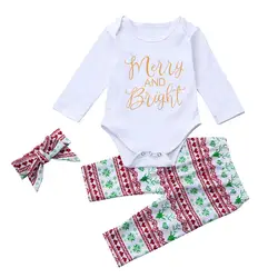 3 шт. Рождество для новорожденных Для маленьких мальчиков девочек боди с буквами топы, штаны повязка на голову рождественские костюмы с