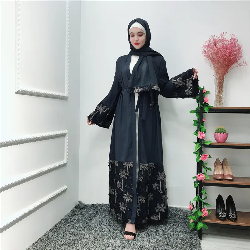 

Muslim Women's Dress Lace Stitching Three-Dimensional Embroidery Flower Cardigan Robes Middle Eastern Stylish Cardigan Robe