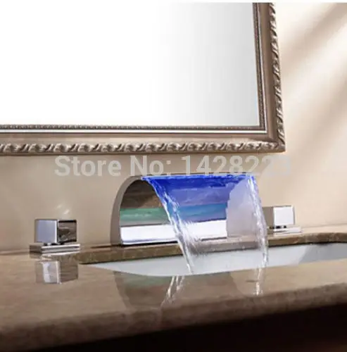 

Contemporary Arcuate Waterfall Spout Color Changing LED Bathroom Sink Faucet Deck Mounted 3 Handles