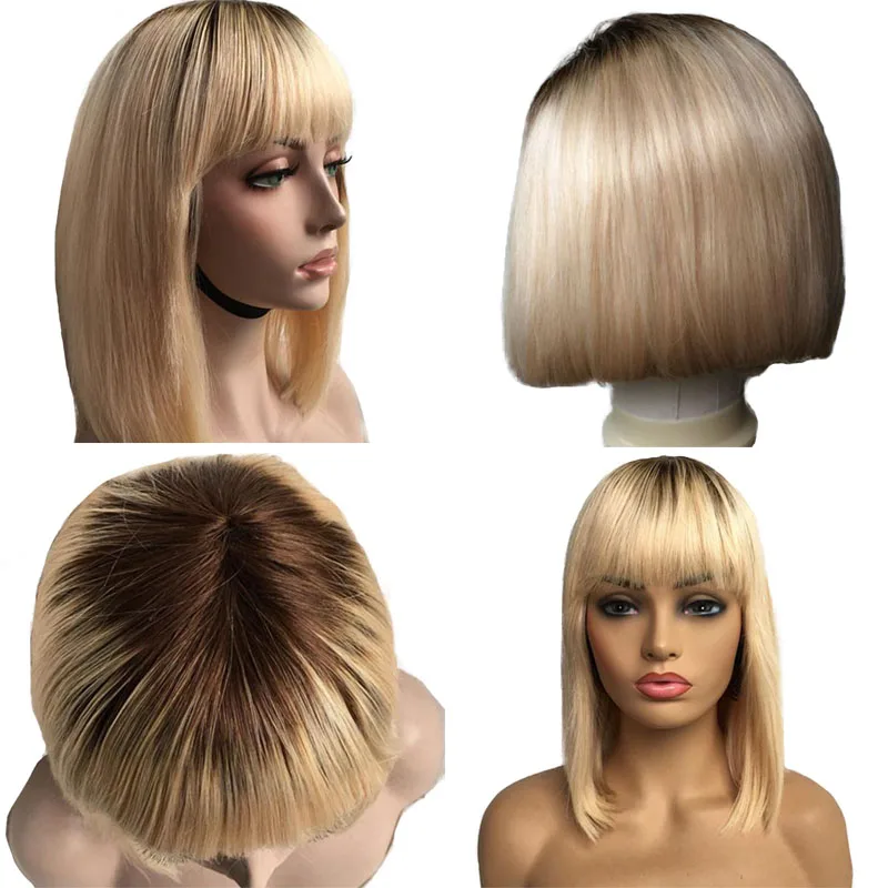Hot Beauty Hair Blonde Straight Short Bob Human Hair Wigs With Front Bangs Double Drawn Brazilian Remy Hair Wigs for Black Women Cheap Wig (1)