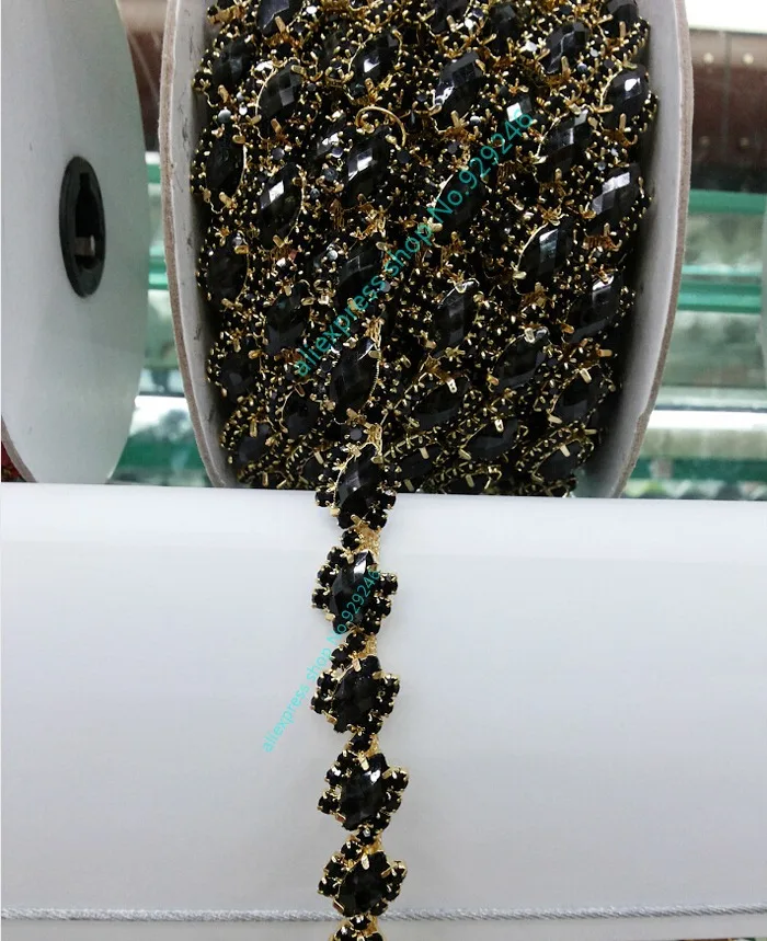 

90cm/pack 1.3cm black S wave shape crystal rhinestone gold chain trims yard for over coat hatscrafts dress boots shoes accessory