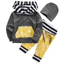 3pcs Baby Kids Boys Outfits Long Sleeve Hoodies Sweatshirt Pants Hat Set Striped Arrow Sportswear Clothes