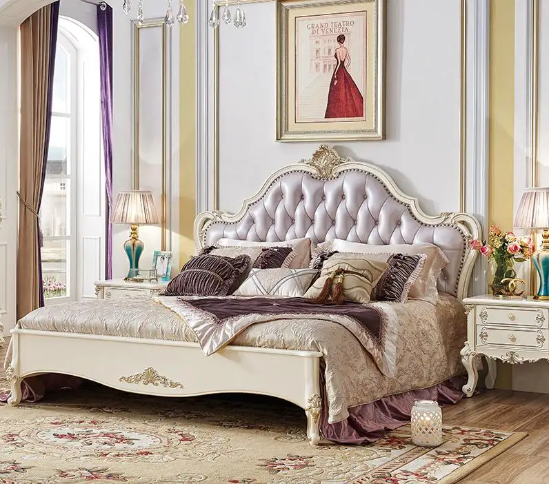Antique Design bedroom furniture king size solid wood bed set