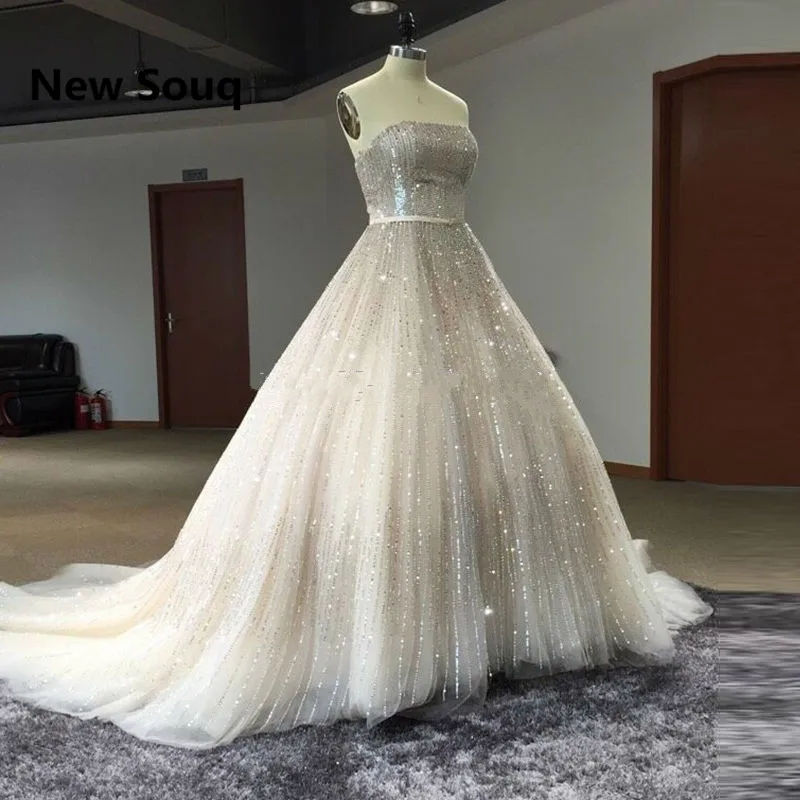 Luxury Sequined Ball Gown Wedding Dresses With Veil 2019 Strapless