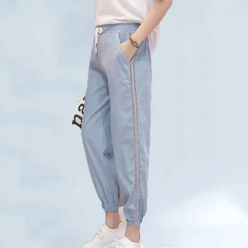 

2019 Summer Thin Ice Silk Sports Jeans Pants Women Student Harajuku Loose Slim Nine Points Pant New Casual Harem Pants Female 55