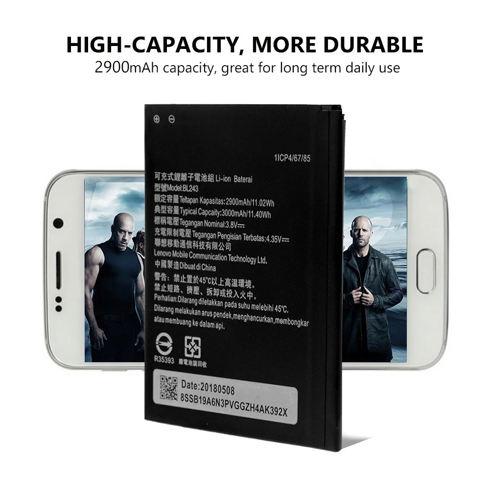 

2019 Lithium YCDC 3.8v 2900Mah BL243 BL-243 Battery BL 243 For Lenovo A5890 A5860 A7600 A5600 K3 Note K50-T3s