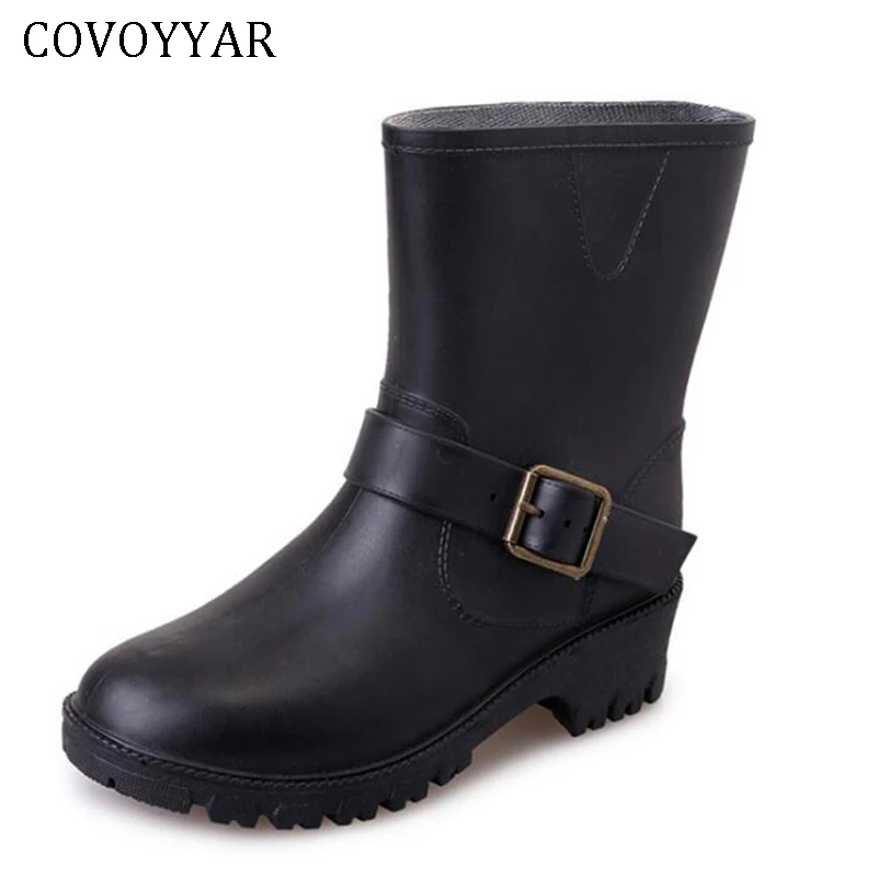

COVOYYAR 2019 Women Rain Boots Spring Autumn Mid-calf Lady Rubber Boots Black Buckle Anti-slip Block Heel Slip on Shoes WBS413