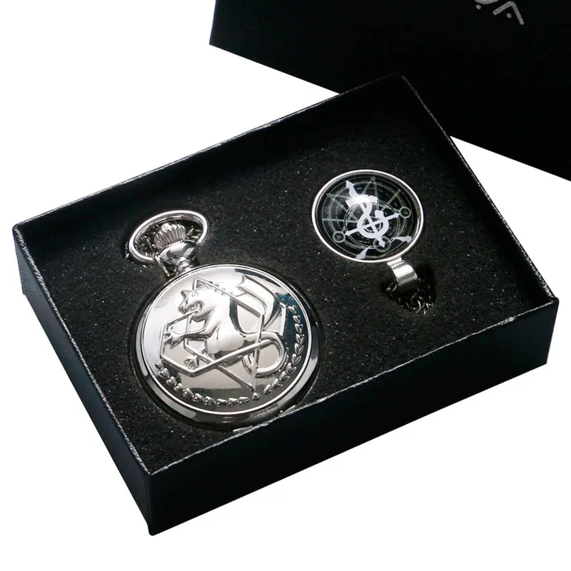 Steampun мультфильм серебро Алхимик Винтаж стальной Цепочки и ожерелья кварцевые карманные часы Сеть gift box set