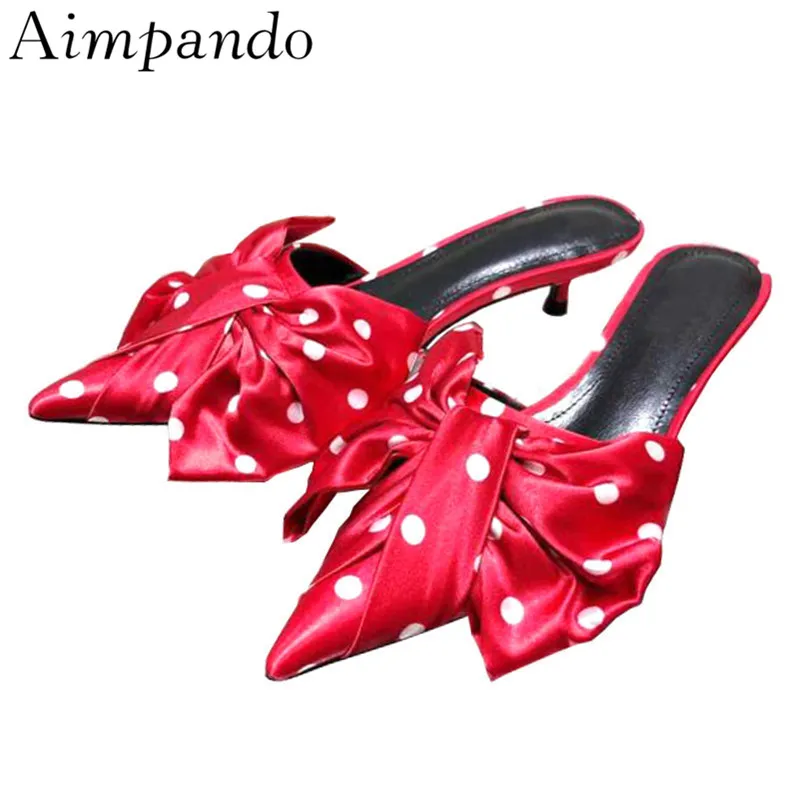 

Luxury Silk Butterfly-knot Slippers Women Sexy Kitten Heel Pointy Toe Polka Dot Big Bowknot Slingback Spring Outwear Mules Women