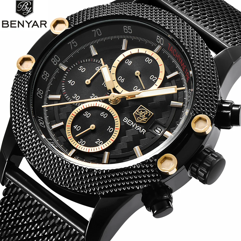 Najtaniej BENYAR zegarek męski kwarcowy chronograf zegarki biznes zegar siatka stalowa zegarki na rękę pasek stalowy wodoodporny zegarek mężczyźni Saat