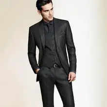 Модные смокинги, черные, с отворотом, с двумя пуговицами, мужские костюмы, 3 предмета(пиджак+ штаны+ жилет+ галстук), приталенный костюм