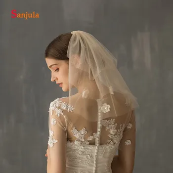 

Champagne Tulle Short Bridal Wedding Veil with Comb Beaded Layers Cut Edge Bridal Wedding Accessories velo de novia corto V127