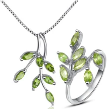 Красивый лист форма зеленые ювелирные изделия из оливина наборы кольцо подвеска ожерелье серебро 925 натуральный перидот ювелирные украшения для вечерние