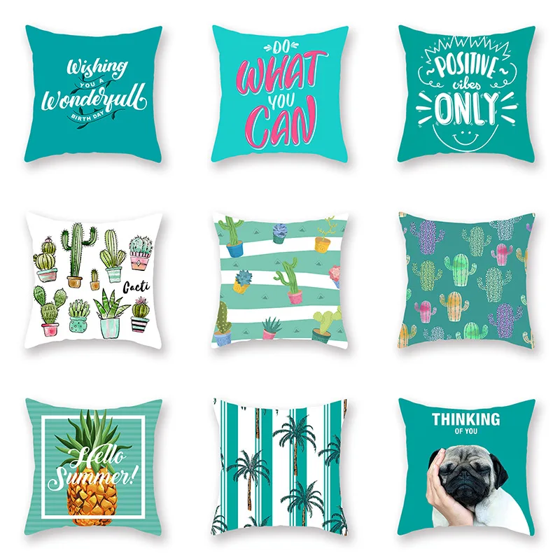 

Mint Green Cushion Cover Cactus Pineapple Coconut Tree Decorative Pillowcases Sofa Bed Living Room Home Decor Summer Fresh Style