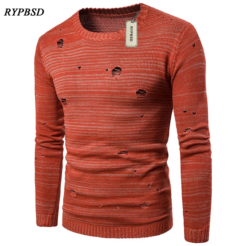 2017 Autumn Fashion Hole Pullover Round Neck Knitted font b Sweater b font font b Men
