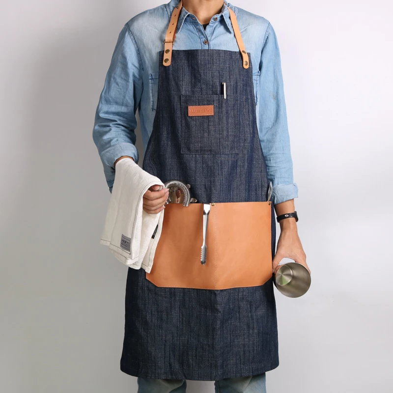 

WEEYI Denim Apron For Men With Pocket Leather Strap Ladies Work Kitchen Apron Man Adult Bibs For Gardener Waiter Barista Uniform