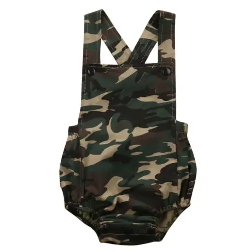 

Newborn Baby Boy Girl Clothes Sleeveless Romper Back Cross Camouflage Jumpsuit Summer Button Square Collar Outfits Sunsuit