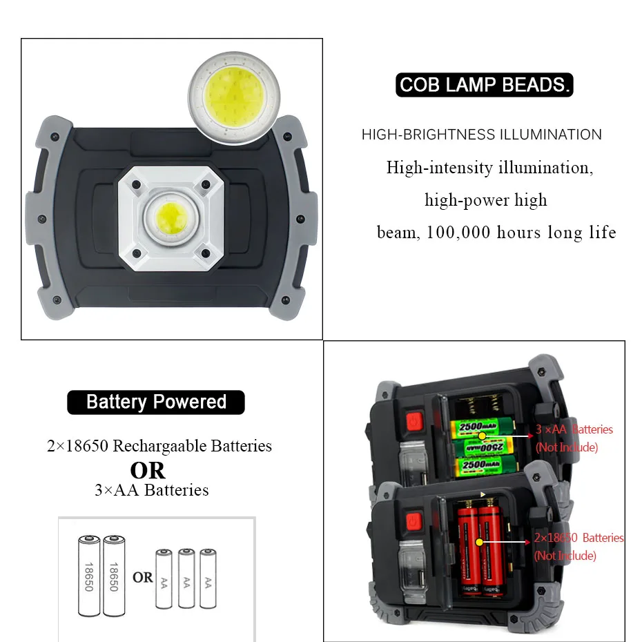 Светодиодный светильник для работы, перезаряжаемый, 20 Вт, COB, походный светильник, с 18650 или аа батареей, светодиодный фонарь, Точечный светильник для охоты, зарядка через usb