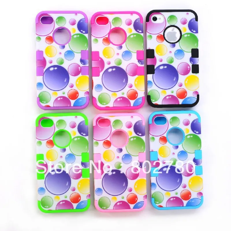 Dual Layer Hybrid PC Silicone Colorful Rainbow Bubble Hard Case Cover for iPhone 4 4S Free Shipping 10pcs |