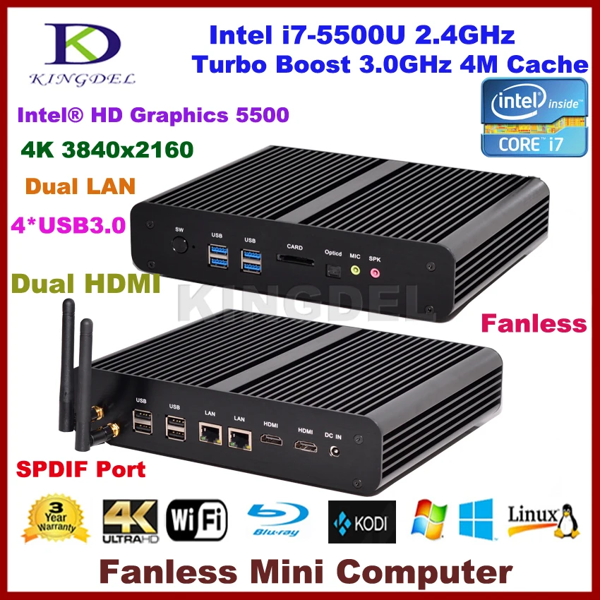 Intel NUC 5th gen i7-5500u broadwell CPU, mini computadora sin ventilador, Nettop, 4 K HD, 2 * LAN Gigabit + 2 * HDMI + SPDIF + 4 * USB 3.0 + WiFi, Ventanas 10