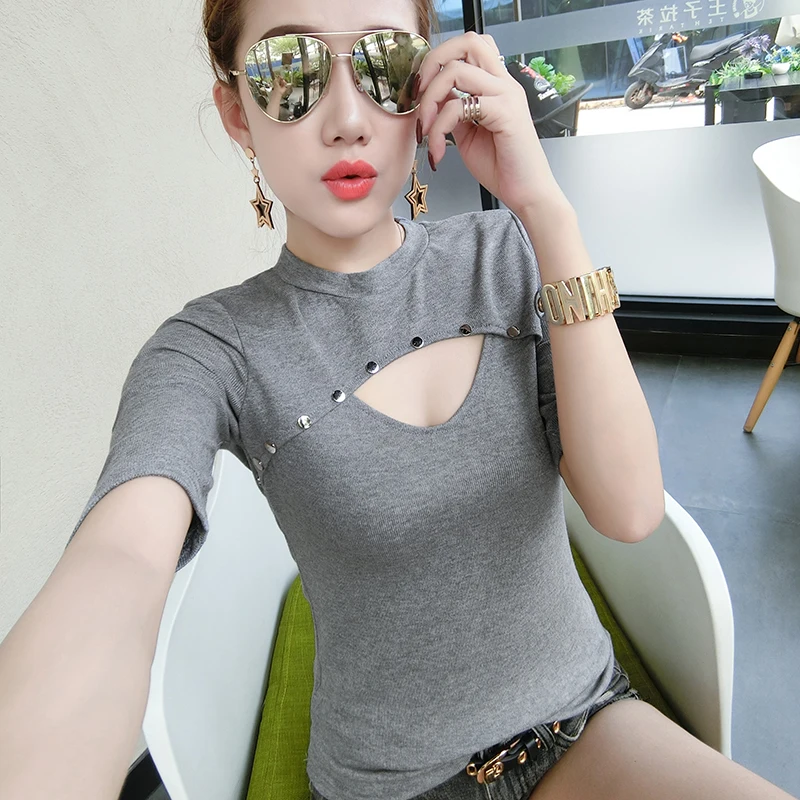 

Sexy Hollow Out 2019 New Summer Tshirt O-Neck Rivet Short Sleeve Women Backless Tops Camiseta Mujer Tshirt Woman Casual T93007