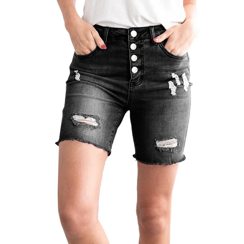 SEBOWEL Woman's Blue Button Distressed Jeans Shorts Summer Female Black Raw Hemline Broken Hole Denim Jean Shorts Size S-XXL - Цвет: Black Shorts