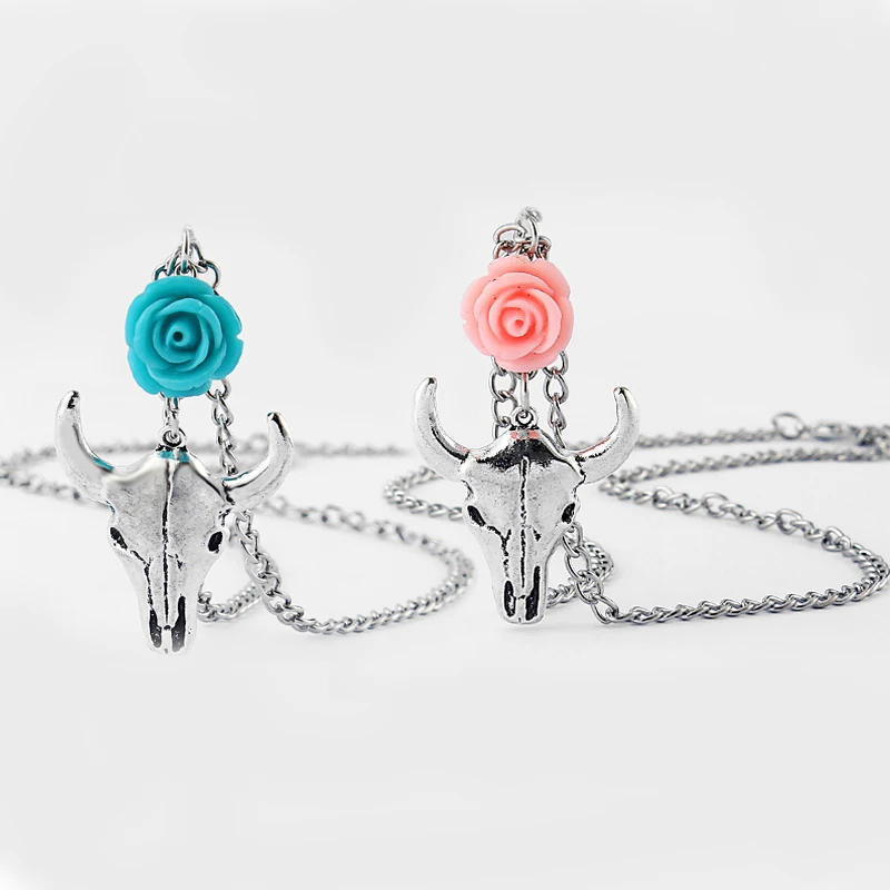 

1pcs Antique Silver Cow/Bull Ox Head Skull Charm & Rose Flower Pendant Necklace Country Western Jewellery