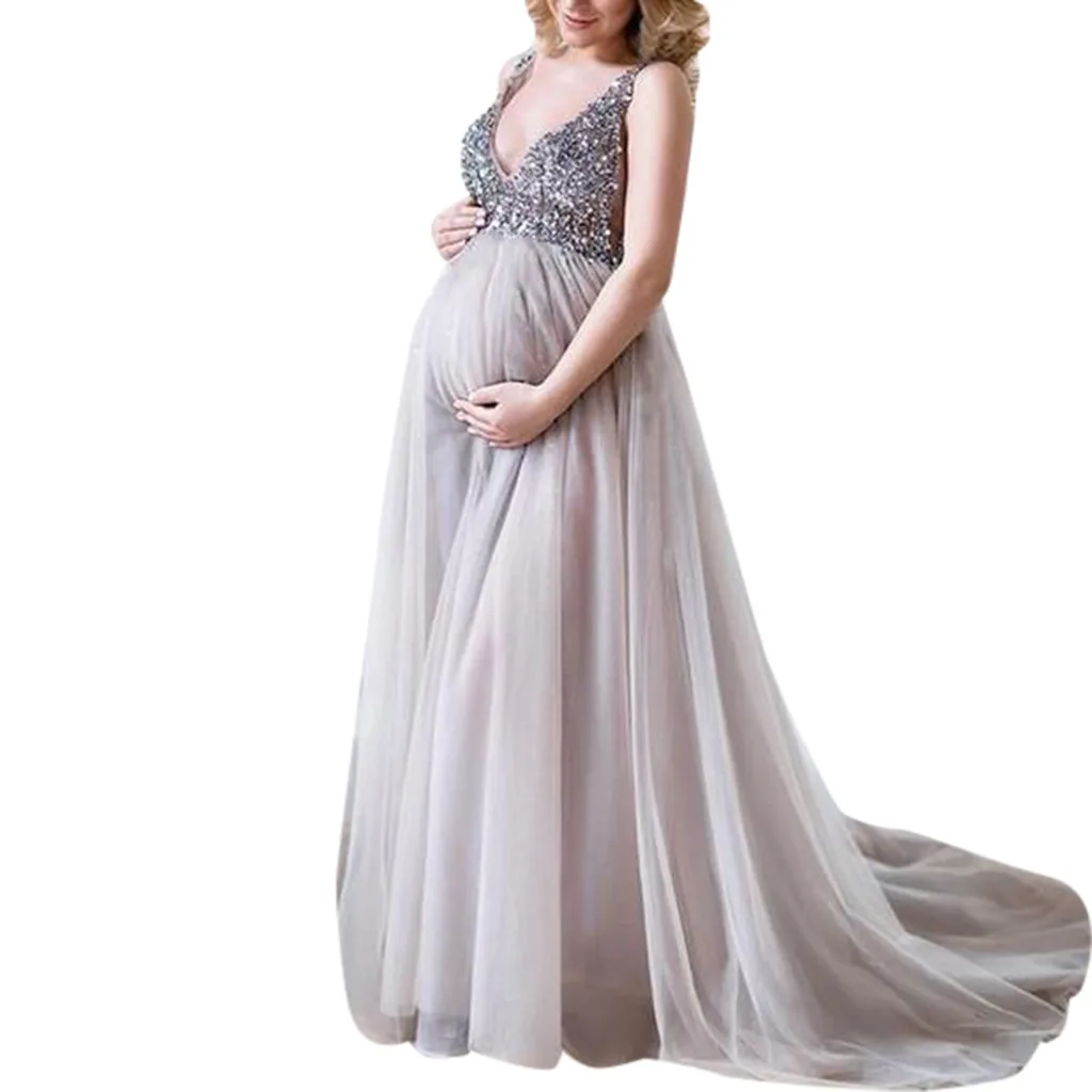 

2019 Sexy Women Pregnant Sling V Neck Solid Color Tulle Summer Dress Party Sequin Cocktail Long Maxi Prom Gown Dress NEW