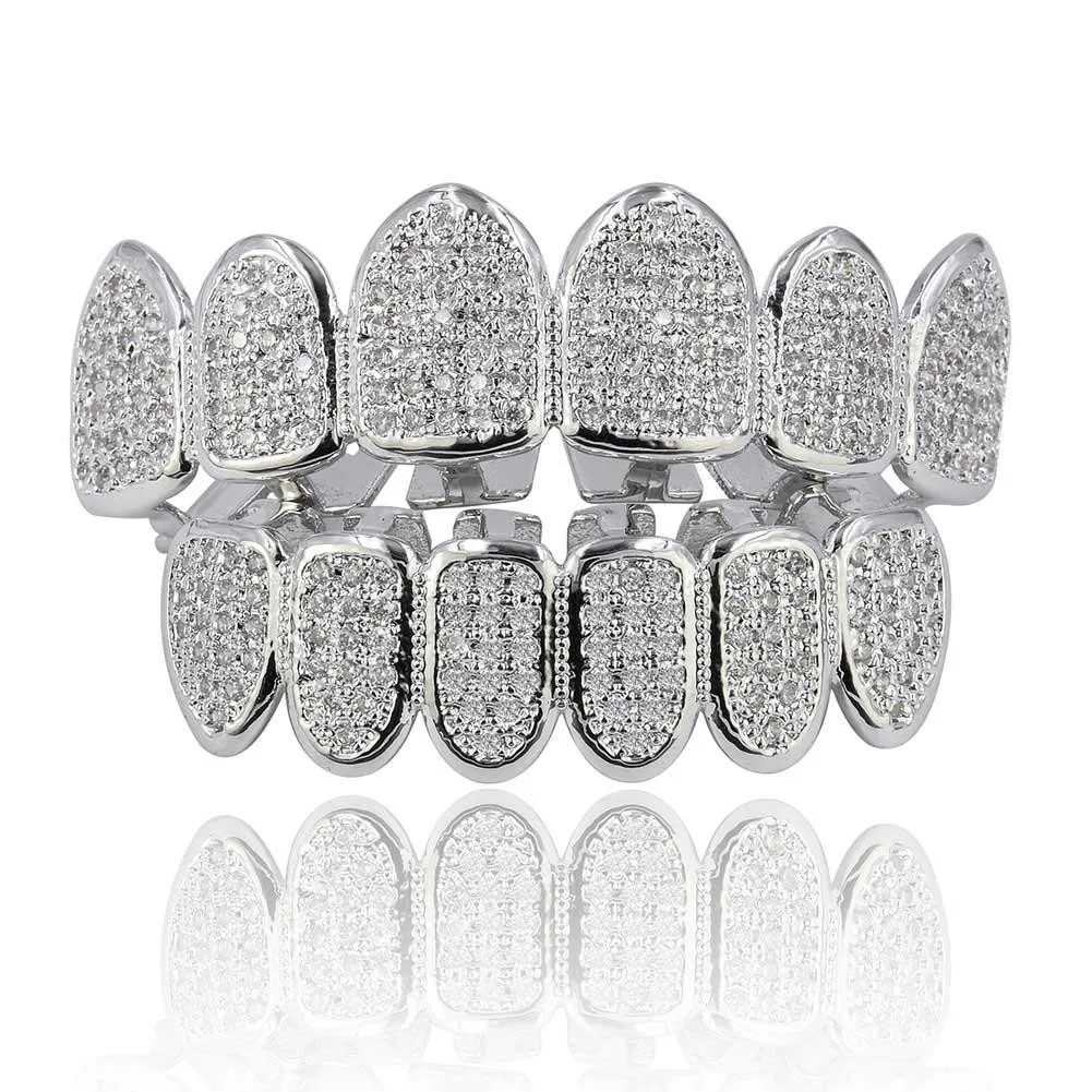  Hip Hop Copper TeethGrillz Set Micro Paved AAA Cubic Zircon Mens Top&Bottom Grills Set With Extra S