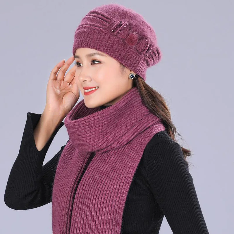 

SUOGRY 2018 New Women Knitted Hats Winter Thicken Double Layer Casual Elegant Mixed Rabbit Hair Hat Female Hats