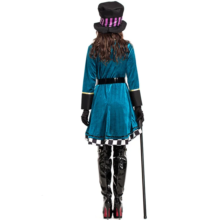 Umorden синий Восхитительный Костюм безумного Шляпника платье на бретелях с часами шляпа для Для женщин Хэллоуин костюмы Алисы в стране чудес