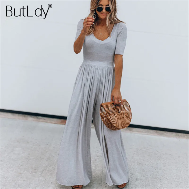 

Wide Leg Pants Long Jumpsuit Women Short Sleeve Fashion Pleated Jumpsuit Summer Romper 2019 Loose Bodysuit Casual Overalls