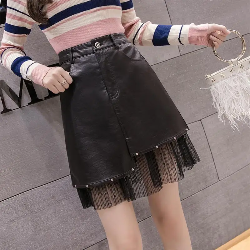 

2019 Woman Mesh Lace Stitching PU Leather Skirt Spring Autumn Long High Waist Slim Fashion Package Hip Skirts E3210
