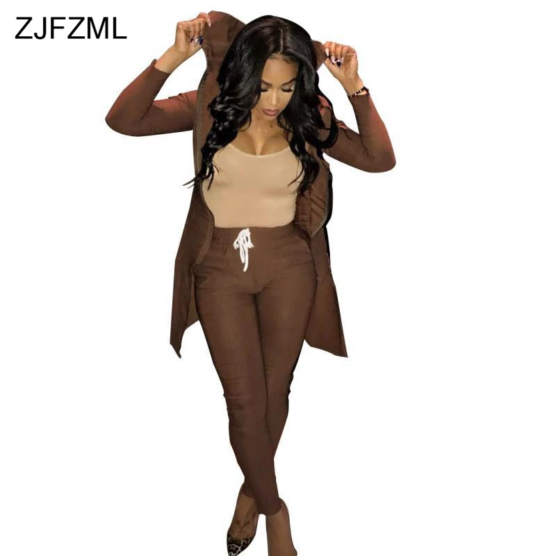 ZJFZML عارضة 2 قطعة بذلة رياضية النساء بدوره إلى أسفل طوق طويلة الأكمام مقنعين أعلى + طويل Bodycon بانت الخريف الجبهة البريدي اثنين من قطعة مجموعة