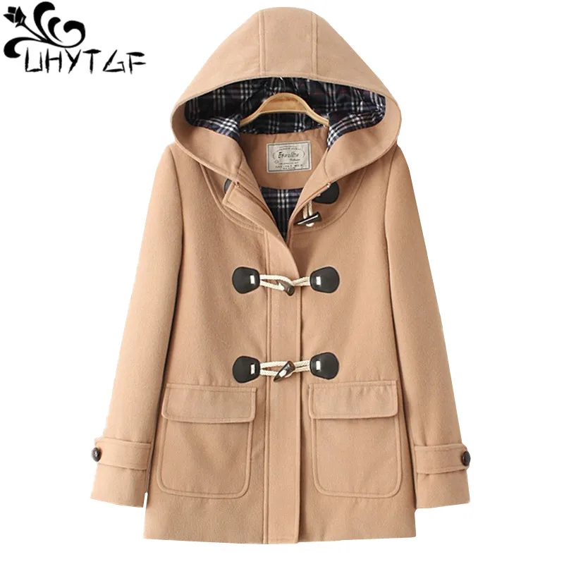 UHYTGF новинка, имитация шерсти, теплые женские зимние топы, верхняя одежда, модная шерстяная куртка с капюшоном и пряжкой, большие размеры, пальто 1227