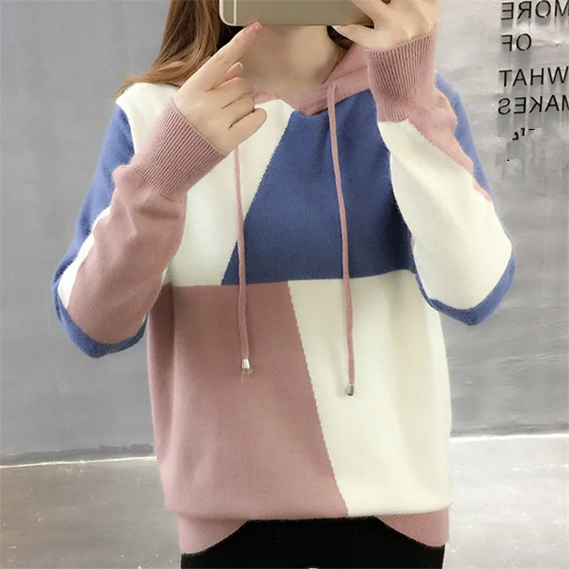 

2019 Autumn Winter New Arrival Patchwork Colorful Sweater Women O-Neck Sweaters Long Sleeves Loose Casual Pullovers 75749
