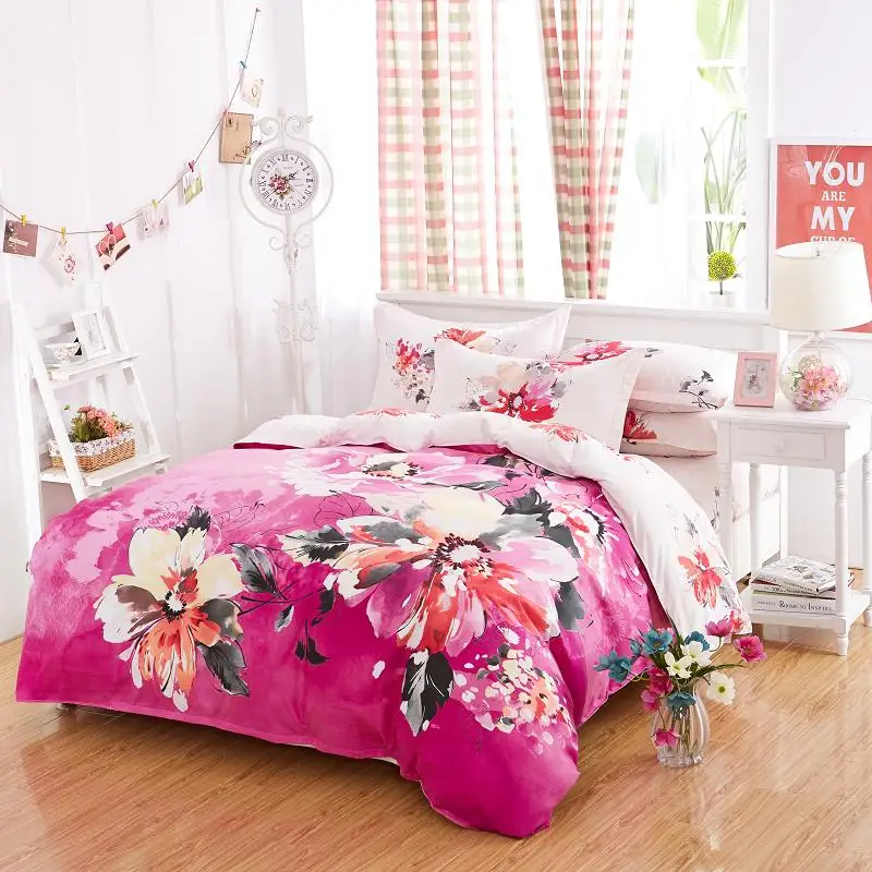 New Bedding Set Pink White Flower Bed Linens 4pcs Set King Size Duvet Cover Set Pastoral Bed Set Kids / Adult Bedding Bedcloth