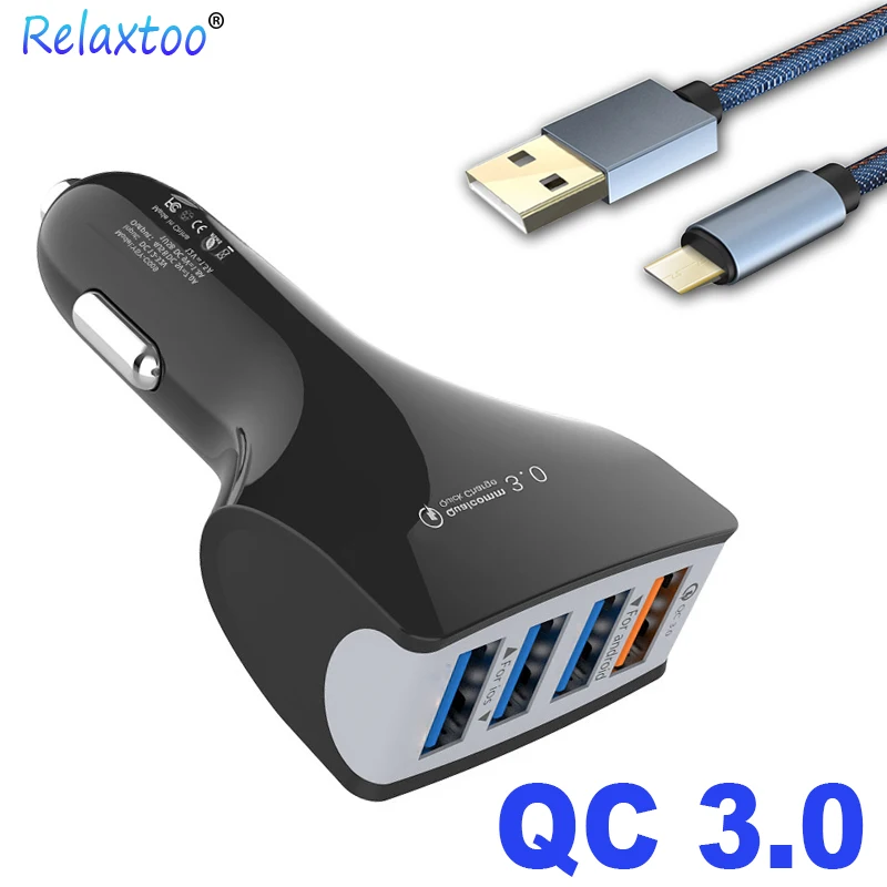 Powerful 4 USB Plug LED Car Charger 3.0 Smart Phone Quick Car Charge Adapter for Xiaomi iPhone 1m USB Cable Cord Fast Charging