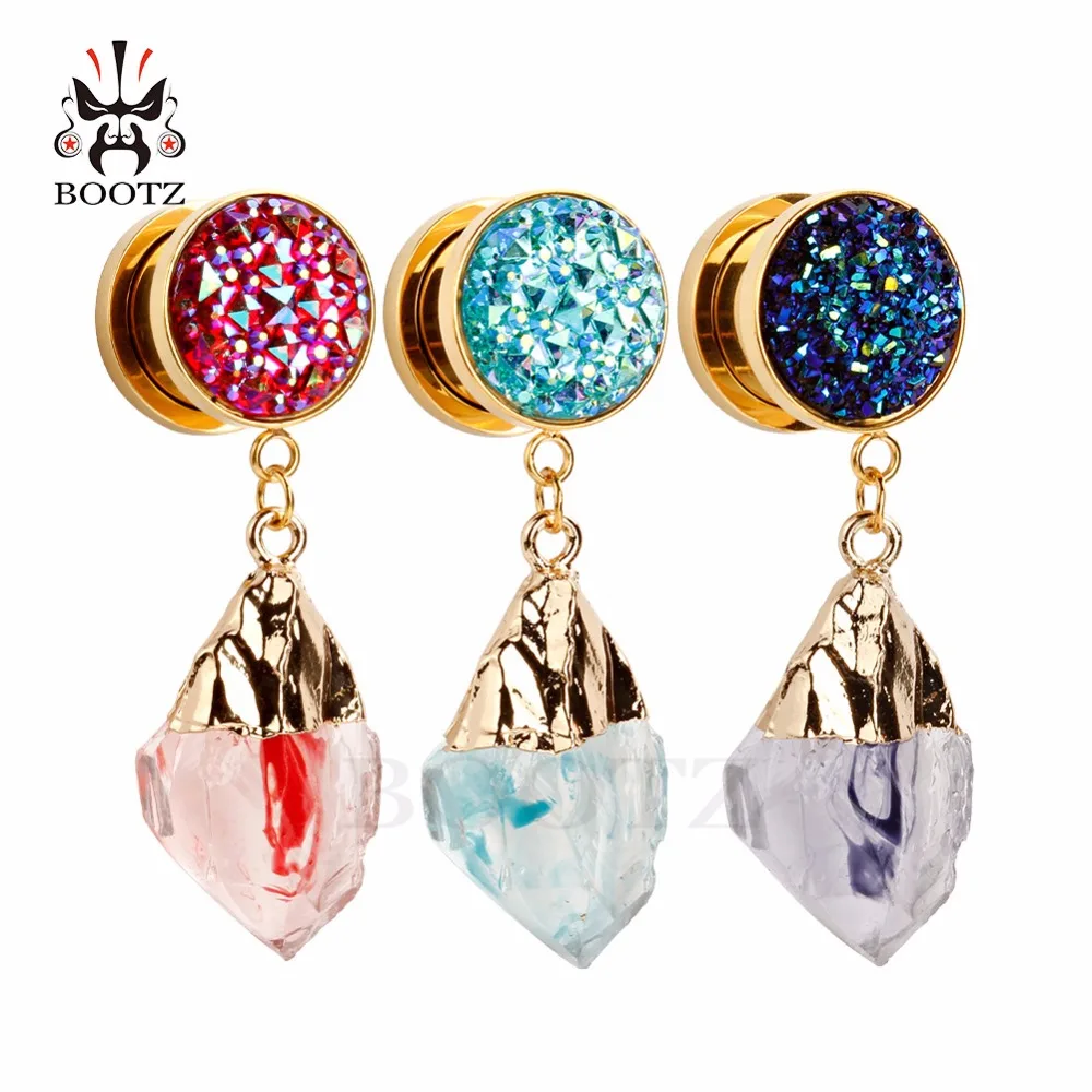 KUBOOZ new jewelry ear plugs dangle ear tunnel stainless steel gold ear