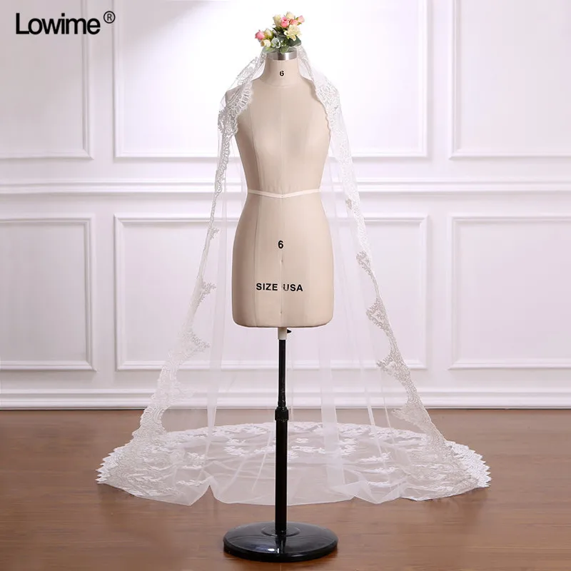 Lowime Cheap Cathedral Wedding Veil Accessories 3 Meters Voile Mariage Vail Velos Lace Cotton Bride Veils 2018 (3)