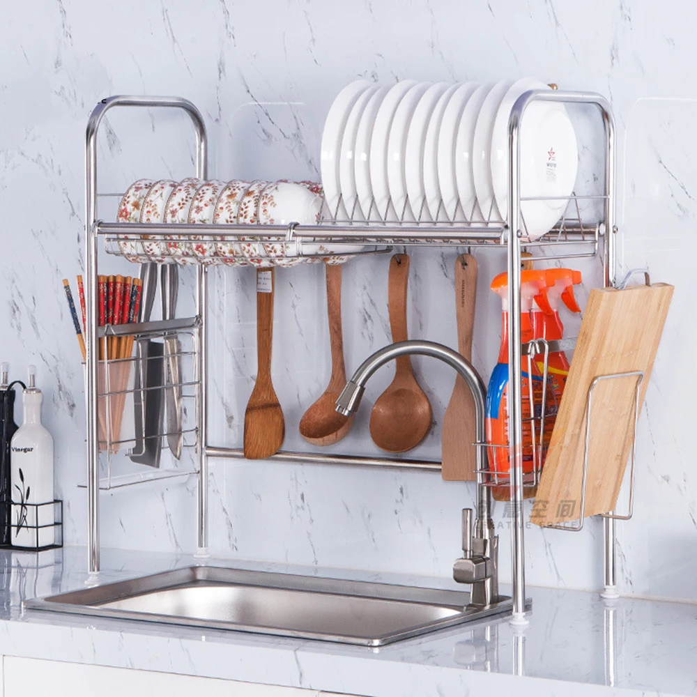 Durable Kitchen Rack 304 Stainless Steel Shelf Single Tier Sink Hanging Hook Dish Bowl Drainer Rustproof Waterproof Shelf