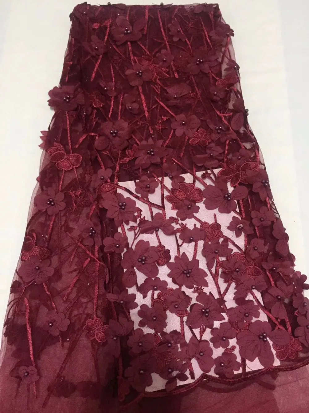 

2018 New With Beads High quality African voile tulle mesh lace for women dress,Nigerian Wine Red guipure net lace fabric 5y/lot