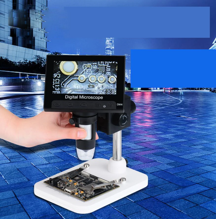 DM4 1000x 2.0MP USB Digital Electronic Microscope 4.3LCD Display VGA Microscope with 8LED and Stent 