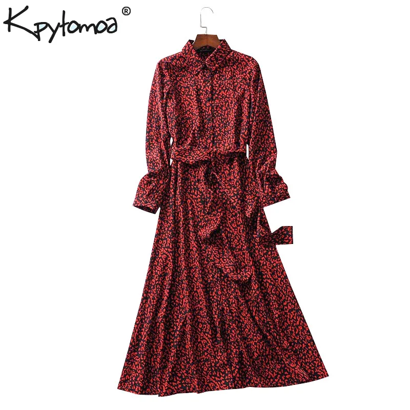 

Vintage Leopard Print Ankle Length Dress Women Bow Tie Sashes Long Sleeve Animal Pattern Robe Maxi Dress Casual Vestidos Mujer