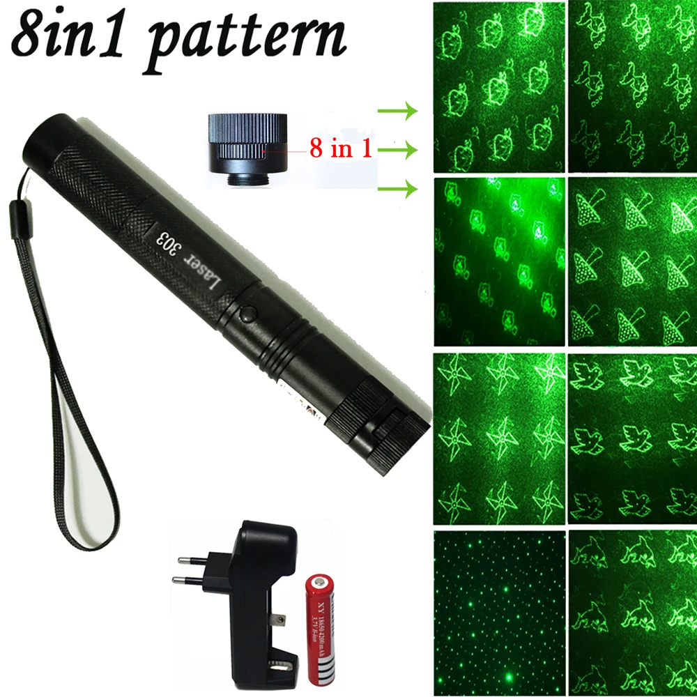 8 in1 الأخضر مؤشر ليزر الليزر 532nm 5 mW 10000 m 303 قلم ليزر قابل للتعديل قوية ضوء الليزر حرق قابل للتعديل التركيز