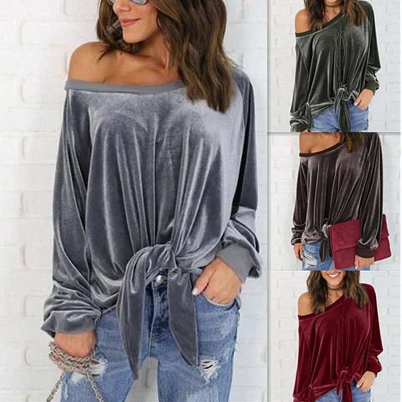Women Long Sleeve Warm Autumn Winter Velvet Tops Female Sexy Off Shoulder Loose Casual Waist Bandage Solid Pullover Sweaters | Женская