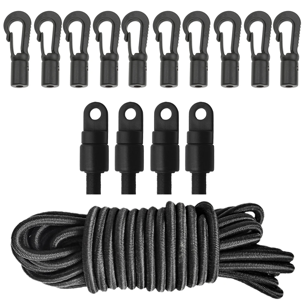 1/4' 16.4' Heavy Duty Elastic Bungee Rope 4 Pieces Shock Cord End Stop 10 Pieces End Hook for Kayak Canoe Boats Accessories